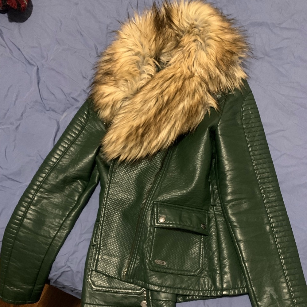 GUESS GREEN LEATHER FUR JACKET